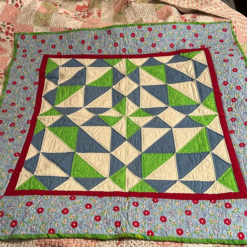 New homemade patchwork machine sewn lap quilt. 39”x39”